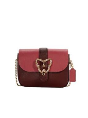 COACH GEMMA CROSSBODY PURSE WITH GEM BUTTERFLY BUCKLE IN GOLD & CRANBERRY